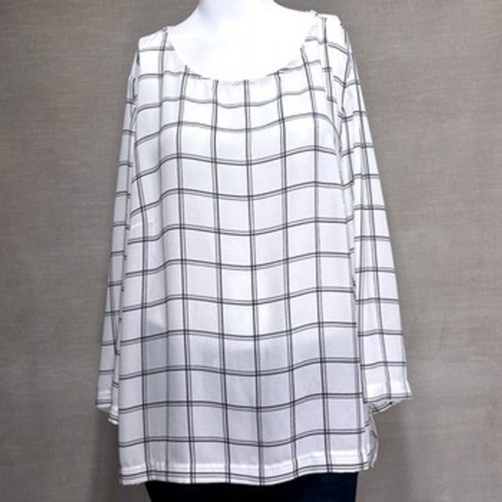 Adrianna‎ Papell Windowpane Blouse Womens L Scoop Neck